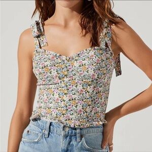Astr Floral Tie-Strap Sweetheart Crop Top - White with Pink & Yellow